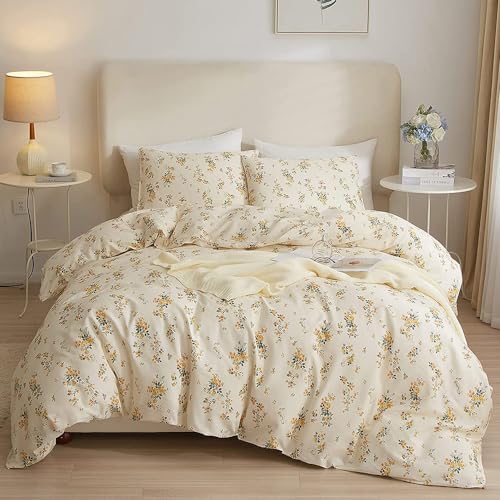HighBuy 3 Pieces Duvet Cover Full Size White Duvet Cover with Green Floral Print,Soft Cotton Comforter Cover Boho Style,Aesthetic Full Bedding Set with Zipper Closure 4 Ties,All Season