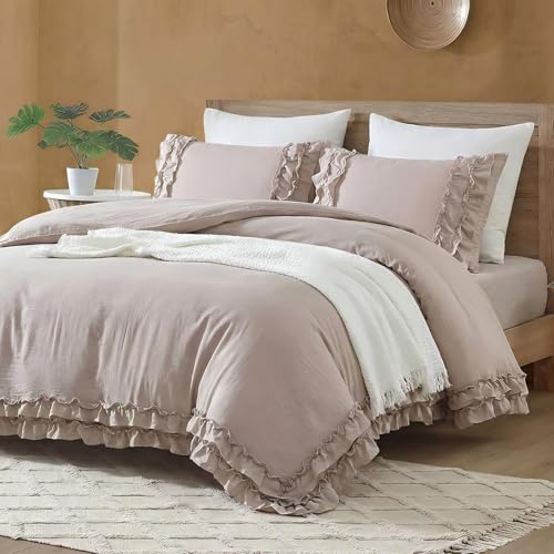 Bedorm Taupe Queen Comforter Shabby Chic Ruffled Bedding Set Taupe Ruffle Fringe Farmhouse Bedding Super Soft Fluffy Boho Comforter Set French Country Style