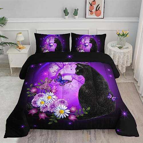 Axolotl Black Cat Bedding Cartoon Cat Comforter Set Twin,Daisy Butterflies Printed Kids Bedding Set for Kids Boys Girls Adults Room Decor,Kids Comforter Set All Season,1 Quilt 2 Pillow Cases