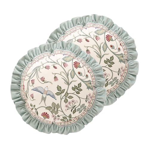 "bilin gaier Throw Pillow Covers Pack of 2,Green Cozy Velvet Farmhouse with Birds and Floral Pattern Pillowcases,Decoration Round Pillows Cushion Covers for Couch Sofa Bed Car Chair,Diameter 16"""