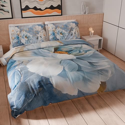 PETTI Artigiani Italiani - Double Duvet Cover Set 200 x 200 cm (2 Pillowcases 80 x 80 cm Included), Microfibre Duvet Cover Set with Digital Floral Print 25 13 – Made in Italy