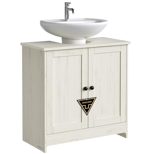 SONGMICS HOME Bathroom Under Sink Cabinet, Superfast Toolless Assembly, Floor Standing Storage Cupboard Basin Unit, Adjustable Shelf, for Washbasins with/without Pedestal, Rustic White BBC223WJ01