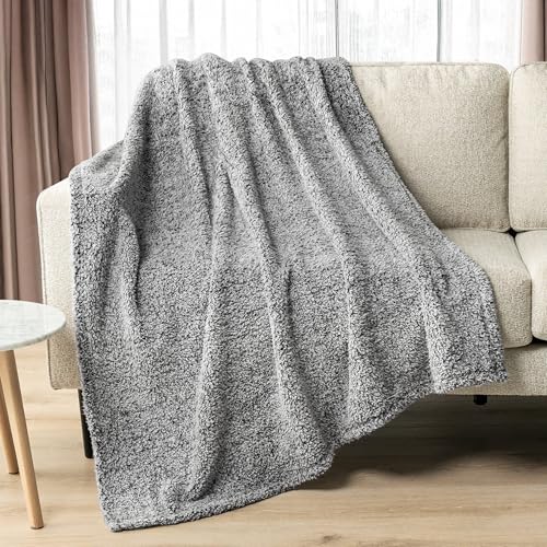 PAVILIA Plush Sherpa Throw Blanket for Couch Sofa - Soft Fluffy Shaggy Fleece Blanket - Fuzzy, Cozy, Warm Microfiber Throw Solid Blanket, Heather Grey, 60x80, Twin Bed