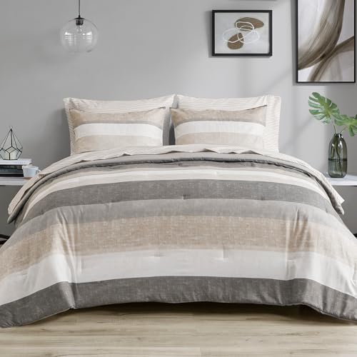 Madison Park Essentials Full Comforter Set, Bed in A Bag Comforter & Sheet Set, Modern Casual Stripes Print, All Seasons, Soft Microfiber Bedding Makeover, Matching Shams, Full Taupe/Grey 7 Piece