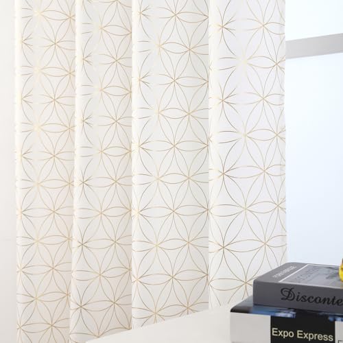 "Taisier Home Gold Linen Grommet Window Curtain Panels Metallic Geo Moroccan Tile Foil Print Cream Semi Sheer Draperies for Bedroom Living Room,Light Filtering Window Treatments,52"" Wx84 L,2 Panels"