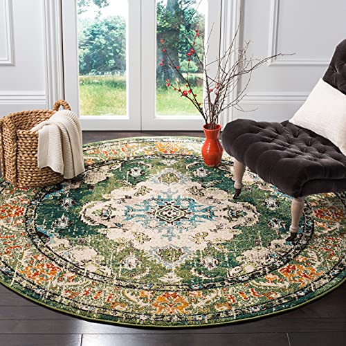 Safavieh Boho Rug for Living Room, Dining Room, Bedroom - Monaco Collection, Short Pile, in Forest Green and Light Blue, 244 X 244 cm