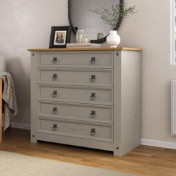 Mews Corona Grey 5 Drawer Chest of Drawers Mexican Solid Pine with Gunmetal Finish Hardware for Bedroom