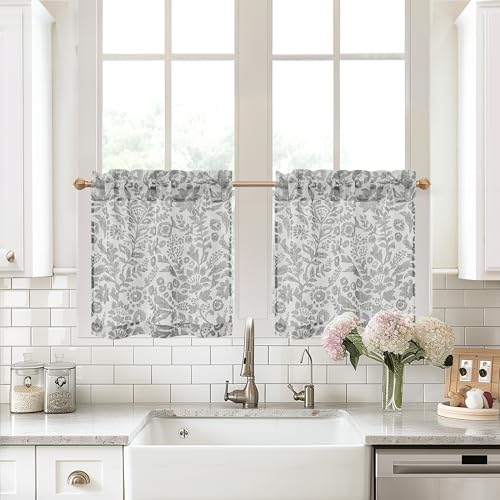 DriftAway Kitchen Curtain Floral Tier Linen Short Pinstripe Cafe 24 Inch Length for Living Room Bathroom Julia Farmhouse Rustic Curtains Rod Pocket 2 Panels Gray