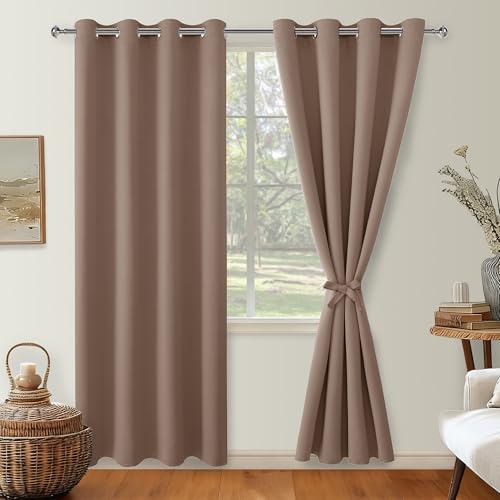 Hiasan Blackout Curtains for Bedroom, 52 x 96 Inches Long - Thermal Insulated & Light Blocking Window Curtains for Living Room/Kids Room, 2 Drape Panels Sewn with Tiebacks, Khaki
