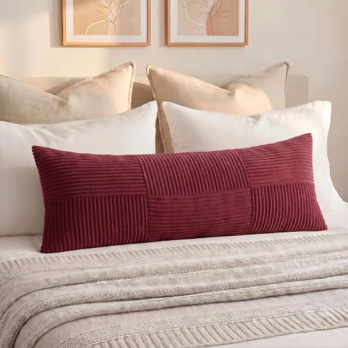 Fancy Homi Set of 1 Burgundy Boho Long Lumbar Body Decorative Throw Pillow Cover 14x36 Inch for Bed Couch Bedroom Bench, Soft Patchwork Corduroy Textured Pillow Case, Rustic Farmhouse Room Decor