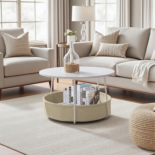 FurnitureR Round Coffee Table with Fabric Basket, Storage for Living Room, Bedroom, Bedside Table, Minimalist Style with White MDF, Metal Frame, 75 x 75 x 45.5 cm