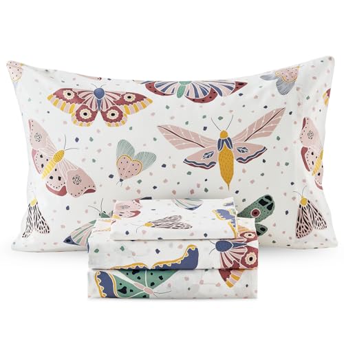 "Ivellow Twin Sheets Set Kids 100% Natural Cotton Sheets Soft Breathable Durable Lightweight Crispy Percale Bed Sheets 16"" Deep Pocket Butterfly Patterned Sheets Kids Twin Bedding Dorm Essentials"