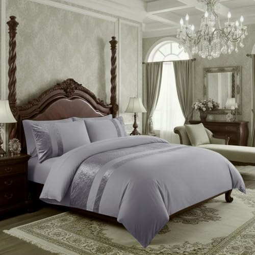 Casabella Luxury Crushed Velvet Panel Band Duvet Cover Sets with Pillow Case Super King Duve Cover Bedding Set – Silver Crush Velvet Super King Duvet Cover Sets