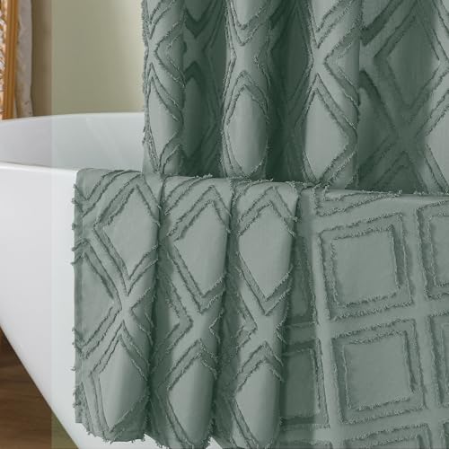 OWENIE Sage Green Shower Curtain Set, Jacquard Geometric Textured Fabric Boho Shower Curtains for Bathroom, Soft Hotel Style Farmhouse Shower Curtain Grommet Top 12 Hooks, Machine Washable, 72x72