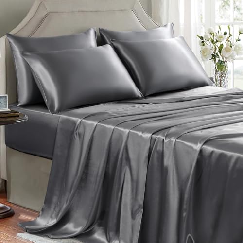 GOLAL Satin Sheets Queen Size - 6 Pieces Luxury Silky Soft Bed Sheets, Wrinkle-Free Dark Grey Satin Silk Sheet Set with 1 Deep Pocket Fitted Sheet, 1 Flat Sheet, 4 Pillow Cases
