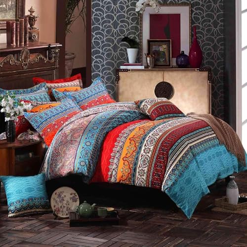 TISPLR King Boho Duvet Cover Brushed Microfiber 3 Pieces Bedding King Bohemian Orange Colorful Retro Print Duvet Cover, with Zipper Closure, Durable Easy Care (NO Comforter)