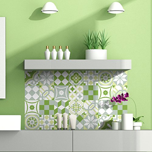 Ambiance Sticker Self-Adhesive Decorative Wall Decal Cement Tile for Bathroom and Kitchen Ornements Verdoyant - Pack of 24 Stickers of 10 x 10 cm