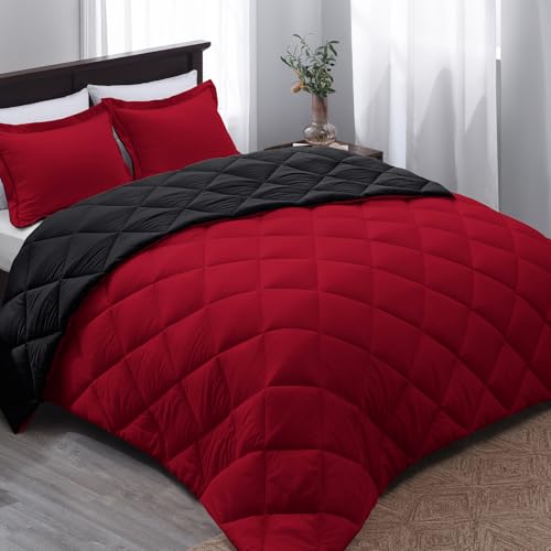 "Basic Beyond King Size Comforter Set - Red and Black Comforter Set King, Reversible King Bed Comforter Set for All Seasons, 1 Comforter (104""x92"") and 2 Pillow Shams (20""x36""+2"")"
