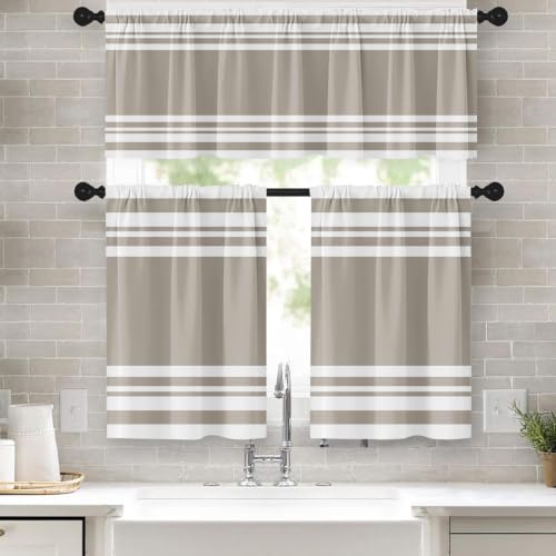 Tayney Taupe Kitchen Window Curtains Valance and Tier Set 36 Inch, Striped Abstract Rod Pocket Short Tier Curtain for Bathroom, Modern Small Cafe Drapes for Kitchen Decor