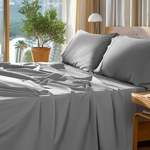 "SONORO KATE 1000 Series 100% Egyptian Cotton Full Sheet Set,4 Pieces - Soft,Breathable Long Staple,Sateen Weave,Luxury 5-Star Hotel Bed Sheets,16"" Deep Pocket,Grey"