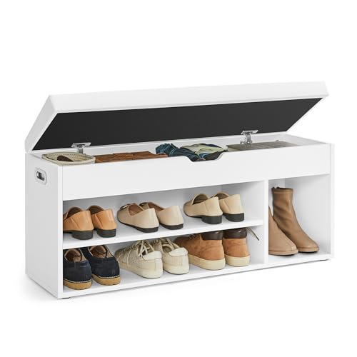 VASAGLE Shoe Bench with Cushion, Storage Bench with Padded Seat, 3 Compartments, Hidden Storage, Shelves, Living Room Lounge Hallway Bedroom, Load Capacity 150 kg, White LHS130W14