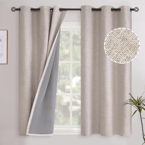 YoungsTex Short Linen Blackout Curtains 45 Inch Length for Bedroom, Full Room Darkening Linen Textured Window Drapes Thermal Insulated Panels, 2 Panels, 42 X 45 Inch, Beige