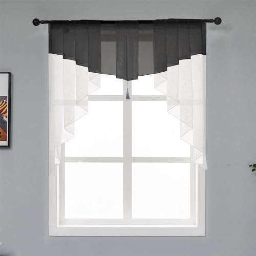"Swag Sheer Valance Curtains for Living Room Kitchen, Voile Tassel Rod Pocket Tailored Scalloped Curtains for Cafe Bedroom Bathroom Windows Black+White 39"" W x 39"" L Inches (1PC)"