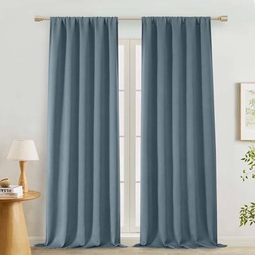 "Lecloud Stone Blue Room Darkening Curtains for Bedroom 96 Inches Long 2 Pcs, Rod Pocket Soft Farmhouse Decor Window Curtains, Thermal Insulated Rustic Drapes for Living Room, Each Panel 50"" W x 96"" L"