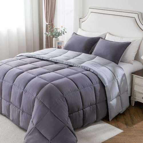 KASENTEX All Season Quilted Comforter Set- Reversible Ultra Soft Duvet Insert-Down Alternative Fill- Machine Washable (California King Set, Quartz Silver/Pebble Grey)