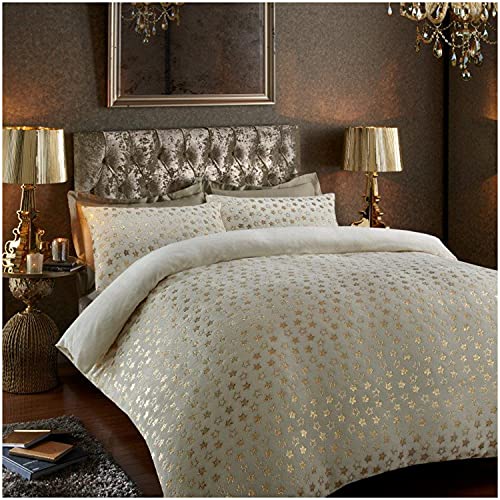 GC GAVENO CAVAILIA Teddy Fleece Star Foil Fitted Sheet, Super Soft Fluffy Cosy Warm Shiny Bedding & Bedsheet, 2 Piece Easy Care DuvetCover & Deep Elastic Band Bedlinen, Cream, Double Duvet Set
