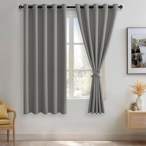 JIUZHEN Light Grey Blackout Curtains with Tiebacks Thermal Insulated, Light Blocking Noise Reducing Grommet Curtains for Bedroom and Living Room, Set of 2 Window Curtain Panels, 60 x 63 Inch Length