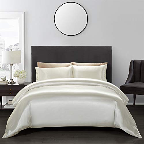 AiMay 3 Piece Duvet Cover Set Bedding Sets Satin Luxury Rich Silk Silky Super Soft Solid Color Reversible Stain-Resistant Wrinkle Free (King, Off White)