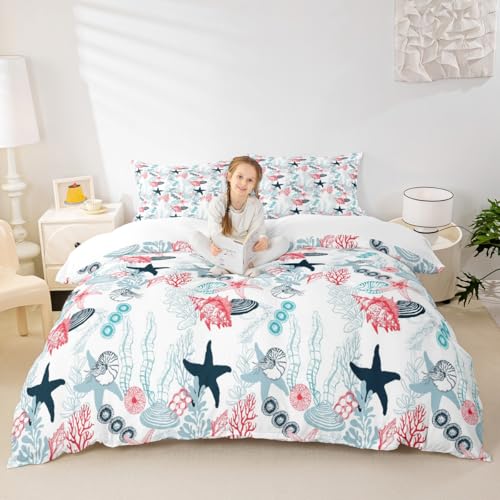 Ocean Beach Duvet Cover Set Queen Size,Seashell Conch Seahorse Starfish Coral Comforter Cover Sea Coastal Bedding Set for Kids Boys Girls Woman Room Decor Pink Blue White Quilt Cover,2 Pillowcases