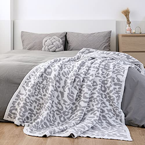 "MH MYLUNE HOME Fleece Reversible Sofa Throw Blanket Fluffy Ultra-Soft Plush Microfiber Throws in Leopard Print 180x200 cm Cozy Warm Nap Blankets for Couch Chair Settees Bed (71""x78"", White/Grey)"
