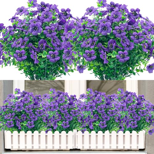 NOV FIRE 8 Bundles Outdoor Artificial Fake Flowers,UV Resistant Fake Flower No Fade Faux Plants Plastic Flowers for Home Inside and Outside Garden Patio Decor(Purple)