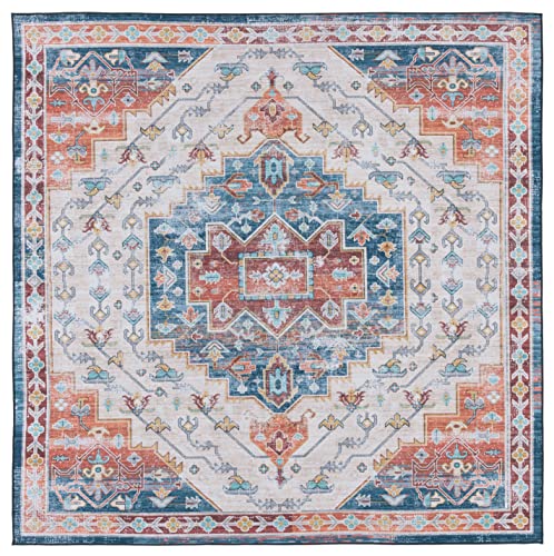 Safavieh Traditional Rug Ideal for High Traffic Areas - Machine Washable and Non Slip - Tucson Collection, Short Pile, in Blue and Red, 183 X 183 cm