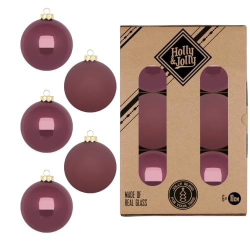 Holly & Jolly Dusty Rose Christmas Baubles, Pack of 6 - Glass Christmas tree baubles, approx. 10 cm, Christmas tree decoration in plum, matt and shiny, Christmas decoration for
