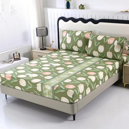 SDIII Green Floral Full Fitted Sheet with 2 Pillowcases, Deep Pocket Soft Microfiber Floral and Rabbit Sheet Full Size All Season