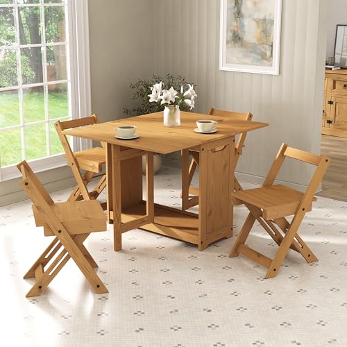 Mews Corona Butterfly Santos Dining Set 4 Seat Folding Drop Leaf Table with Chairs Solid Mexican Pine
