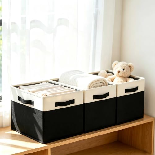 GhvyenntteS Large Storage Bins for Shelves with 3 Handles, Collapsible Storage Baskets for Shelves, Fabric Storage Bins for Closet Bedroom Living Room Office, Laundry Room Organization (Black, 3 Pack)