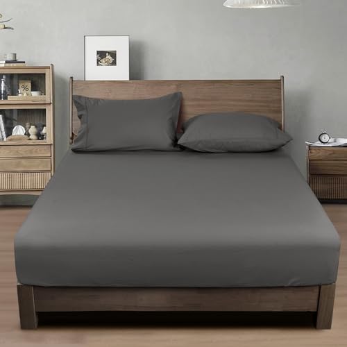 "PHF 100% Washed Cotton Fitted Sheet Queen Size - Linen Like Cozy Soft Bottom Sheets with Elastic Deep Pockets, Easy Fit Breathable Warm not Shrink,60""x 80"",Dark Grey"