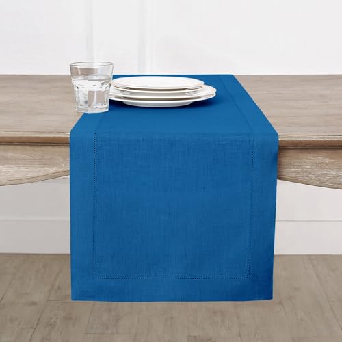 Solino Home Indigo Blue Linen Table Runner 108 Inches Long ??? 100% Pure Linen Classic Hemstitch Table Runner 14 x 108 Inch ??? Machine Washable Dining Table Runner for Christmas, Winter Decor