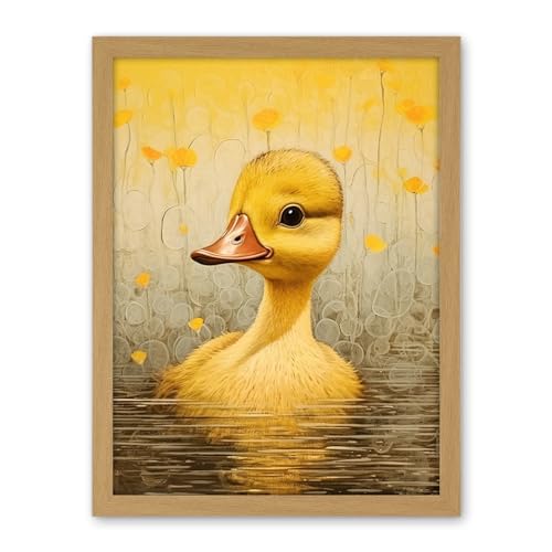 Artery8 Yellow Duckling Kids Bedroom Baby Nursery Calm Elegant Artwork Framed Wall Art Print 18X24 Inch