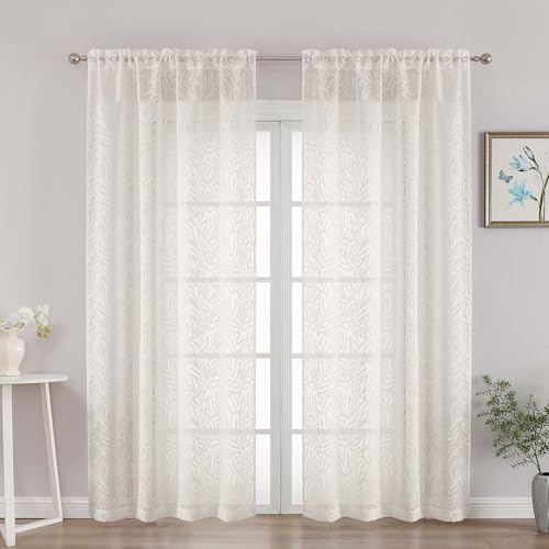 OVZME Extra Wide Ivory Sheer Curtains 84 Inches Long 2 Panels Set, Elegant Leaf Clip Jacquard Light Filtering Semi Sheer Curtains, Dual Rod Pocket Textured Drapes for Living Room, 2x52Wx84L Inches
