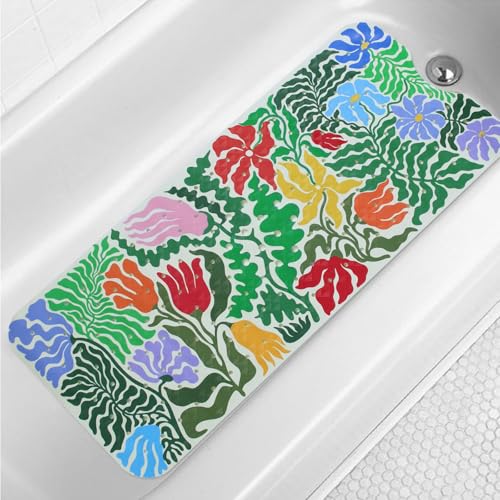 Plant Bathtub Mat Non Slip for Kids 40x16in Extra Long Floral Anti Slip Bath Mat for Tub Abstract Botanical Rustic Shower Mat with Large Drain Holes Suction Cups Flowers Leaves Design Bathroom Decor