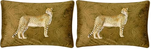 Paoletti Cheetah Forest Velvet Cushion Cover – Realistic Animal Botanical Soft Durable Decorative Cushion (Gold – 50 x 30cm) (Pack of 2)