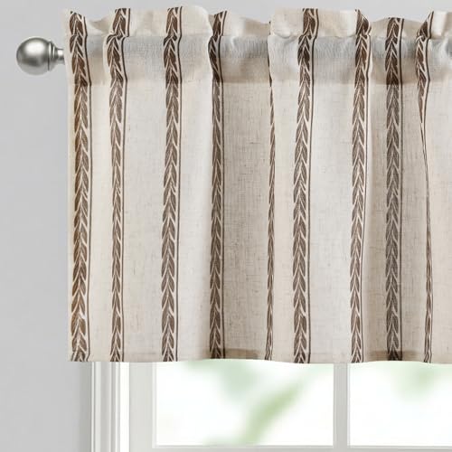 "JIUZHEN 52x18 Inch Kitchen Valance - Thick Textured Linen Striped Window Valance Curtain with 3"" Rod Pocket, Wheat Stripe Brown (1 Panel)"