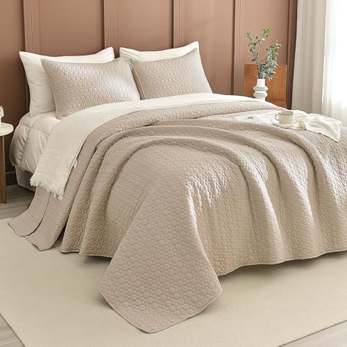 "Sanracie Oversized Queen Bedspread Set 102"" x 118"" 100% Cotton Quilt Queen Size Linen Colorful Round Quilting Extra Large Quilted 3 Pieces Lightweight"
