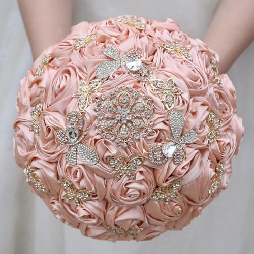 "Mhojpik Handmade Wedding Flowers Bouquet Round Holding Bridal Bouquet Toss Artificial Rose Bunch for Bride Bridesmaid Wedding Quinceanera (Peach Pink, 9.8"")"