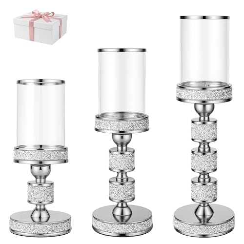 "Hurricane Candle Holder, 15.9"" Tall Metal Candle Stand, Glass Pillar Holder - Crystal Candle Holders for Table Centerpieces, Home Decor, Wedding, Dining Table"